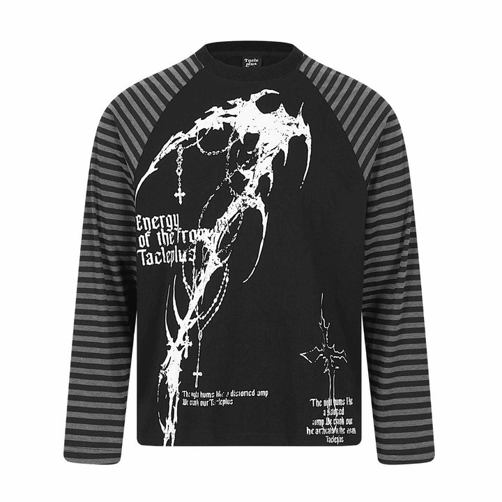 Unisex Langarmshirt im Raglanstil mit Gothic-Print und gestreiften Ärmeln Drune