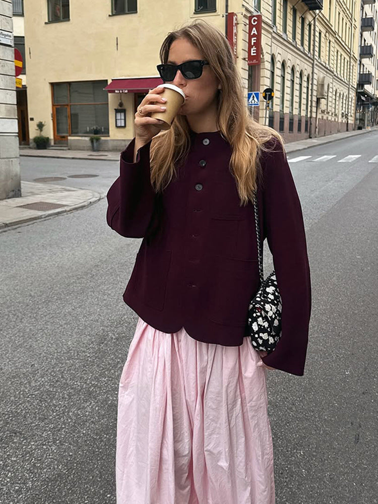 Damen Kurzjacke mit Rundhalsausschnitt, kastiger Silhouette und gewelltem Saum Drune