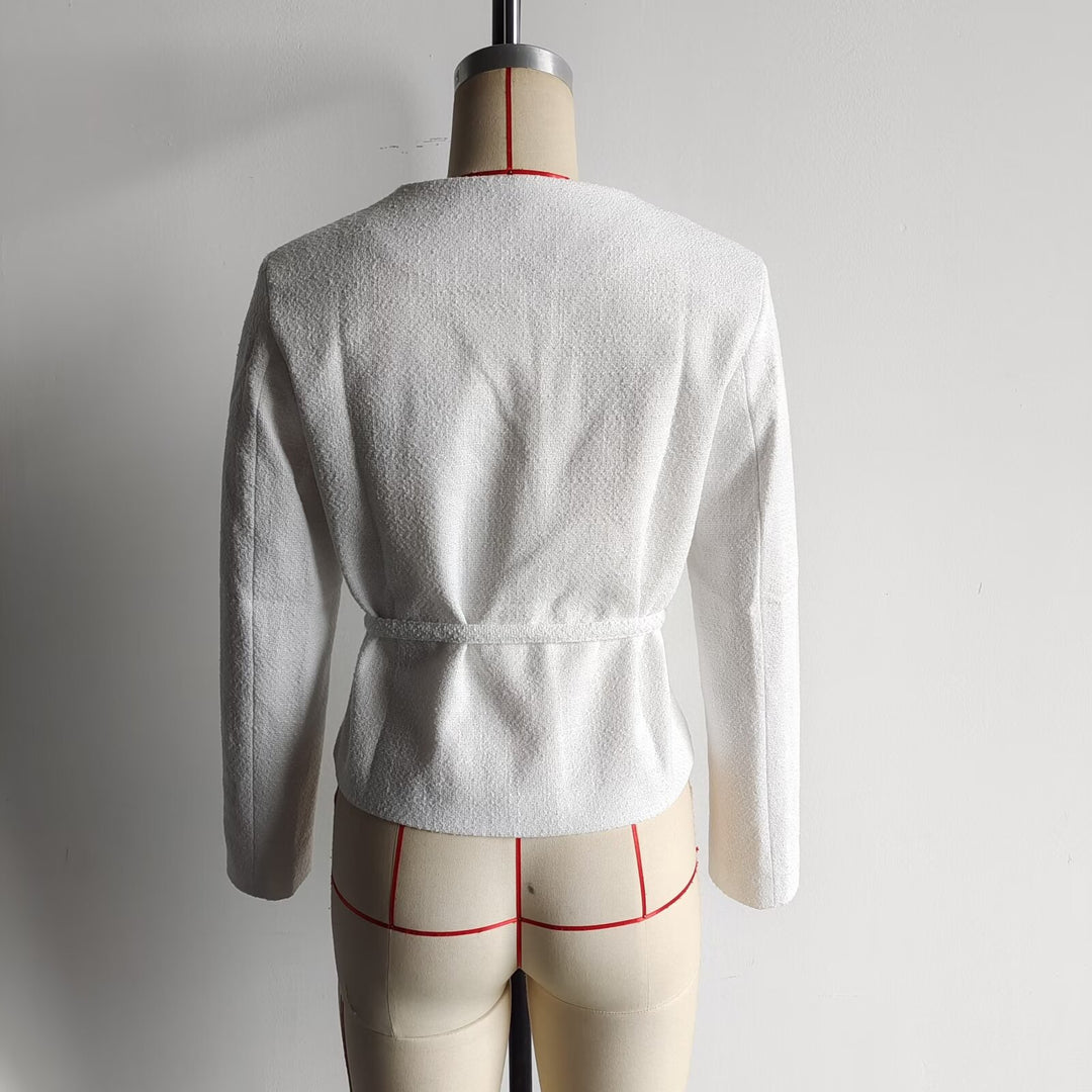 Damen nan taillierte Bouclé-Jacke mit Bindegürtel und goldfarbenen Zierknöpfen Drune