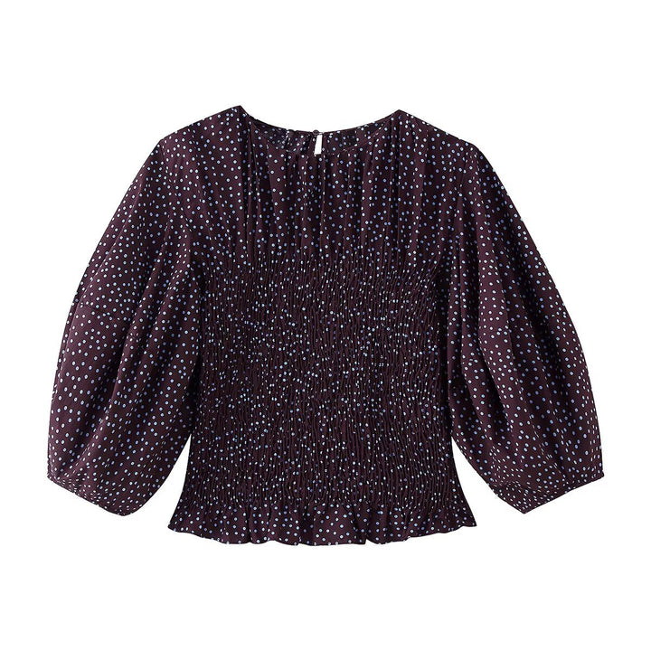 Damen Gesmoktes Polka-Dot-Blusenshirt mit Ballonärmeln Drune