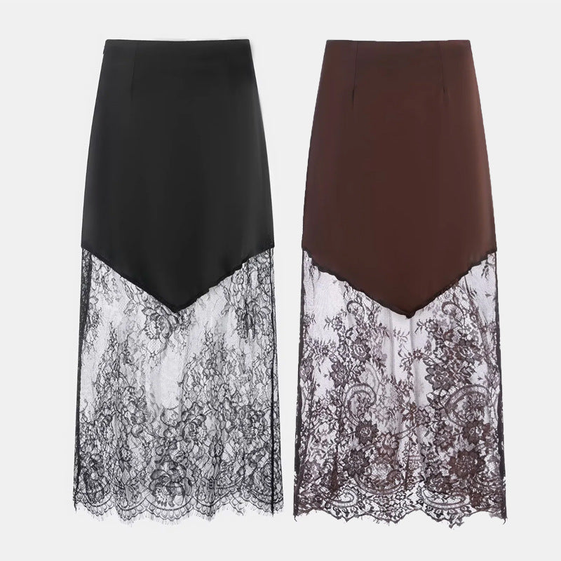 Damen nan Satinrock mit Spitzen-Overlay und asymmetrischem Zipfelsaum Drune