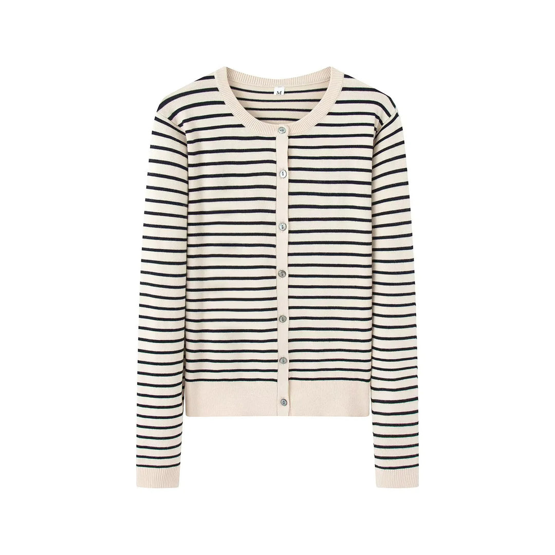 Damen nan gestreifte Feinstrick-Cardigan mit Rundhalsausschnitt und durchgehender Knopfleiste Drune