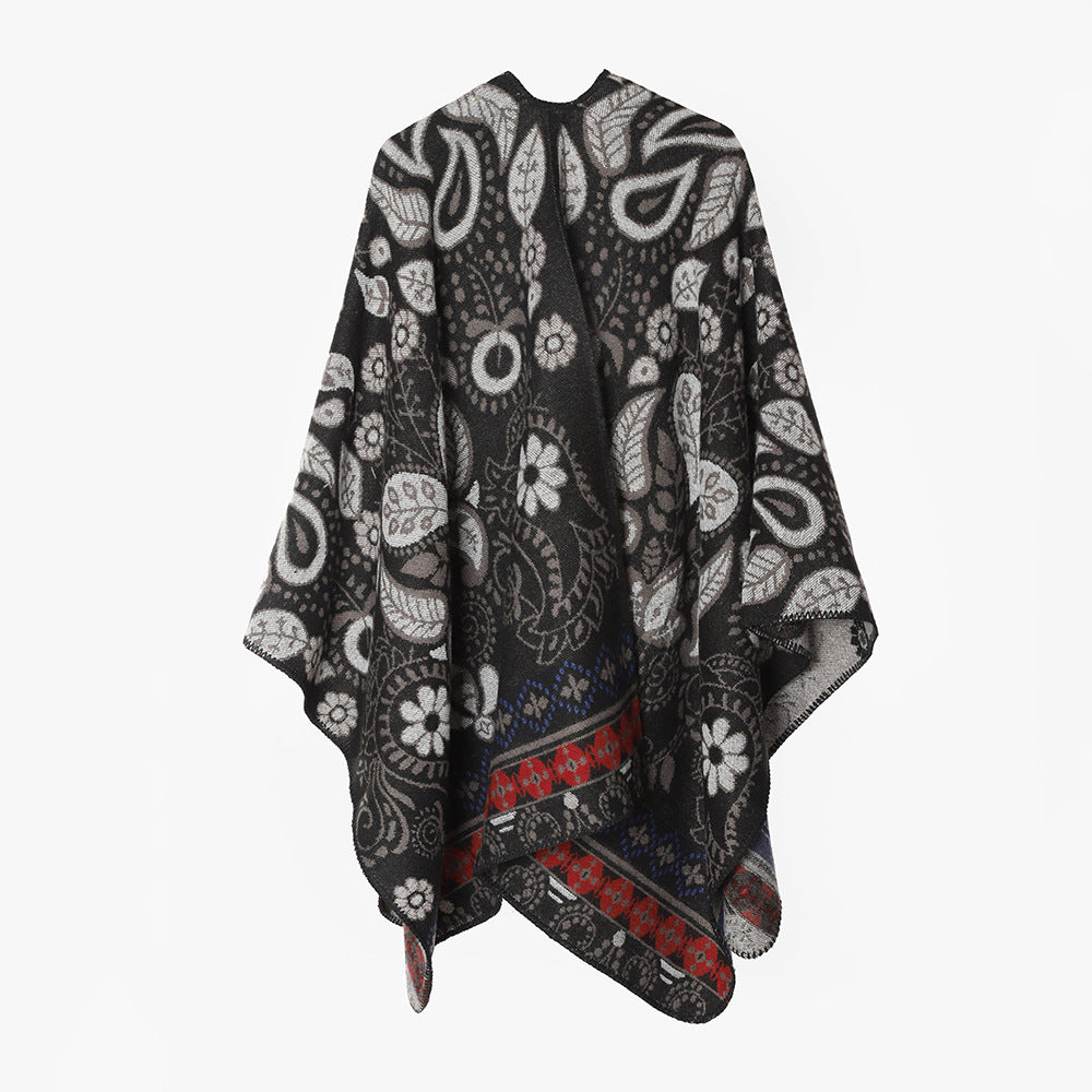 Damen Oversize-Jacquard-Überwurf im Cape‑Stil mit Paisley‑ und Blumenmotiv Drune