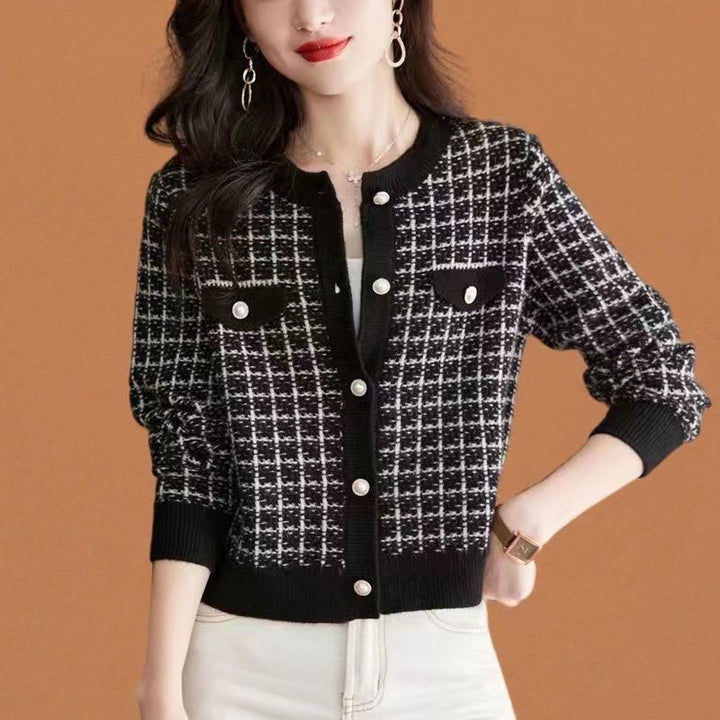 Damen klassische Strickjacke mit modischem Karomuster Drune
