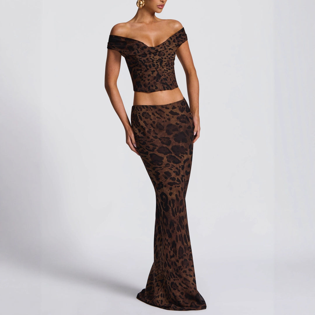 Damen Elegantes Maxikleid mit schulterfreiem Design und Leopardenmuster Drune