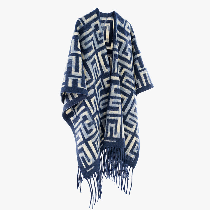 Damen Geometrischer Jacquard-Poncho im Cape‑Stil mit Fransensaum Drune