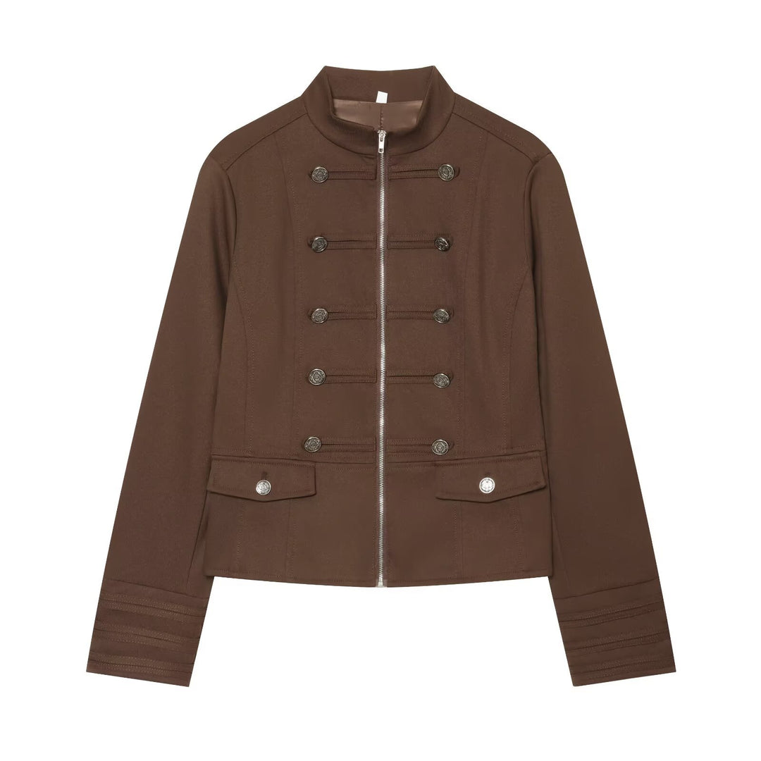 Damen Militärinspirierte Kurzjacke mit Stehkragen und Zierknöpfen Drune