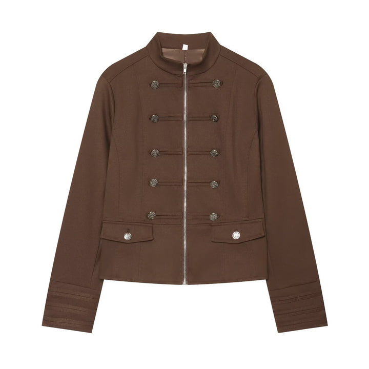 Damen Militärinspirierte Kurzjacke mit Stehkragen und Zierknöpfen Drune