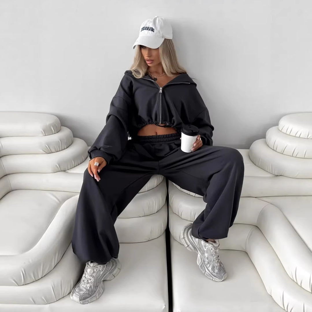 Damen Kurz geschnittenes Kapuzen-Sweatshirt und weite Lounge-Jogginghose Set Drune