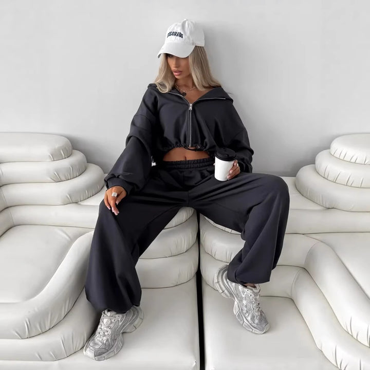 Damen Kurz geschnittenes Kapuzen-Sweatshirt und weite Lounge-Jogginghose Set Drune