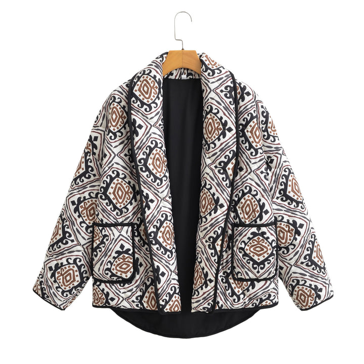 Damen Gesteppte Kimono-Jacke mit Ethno-Print, Kontrastpaspel und aufgesetzten Taschen Drune