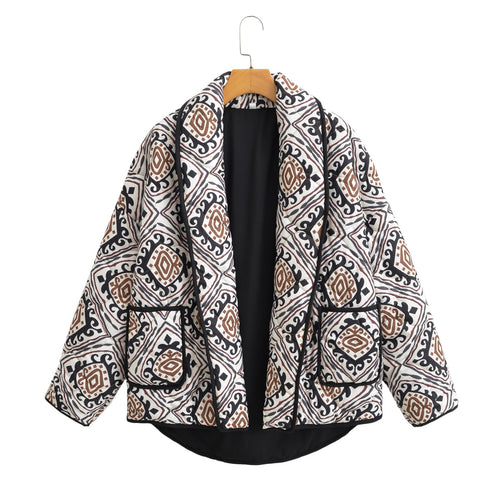 Damen Gesteppte Kimono-Jacke mit Ethno-Print, Kontrastpaspel und aufgesetzten Taschen Drune