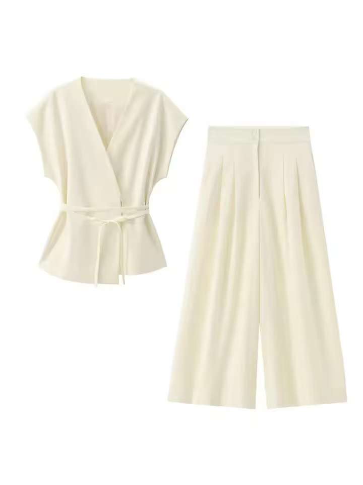 Damen elegantes Wickeloberteil und weite Palazzo-Hose Set Drune