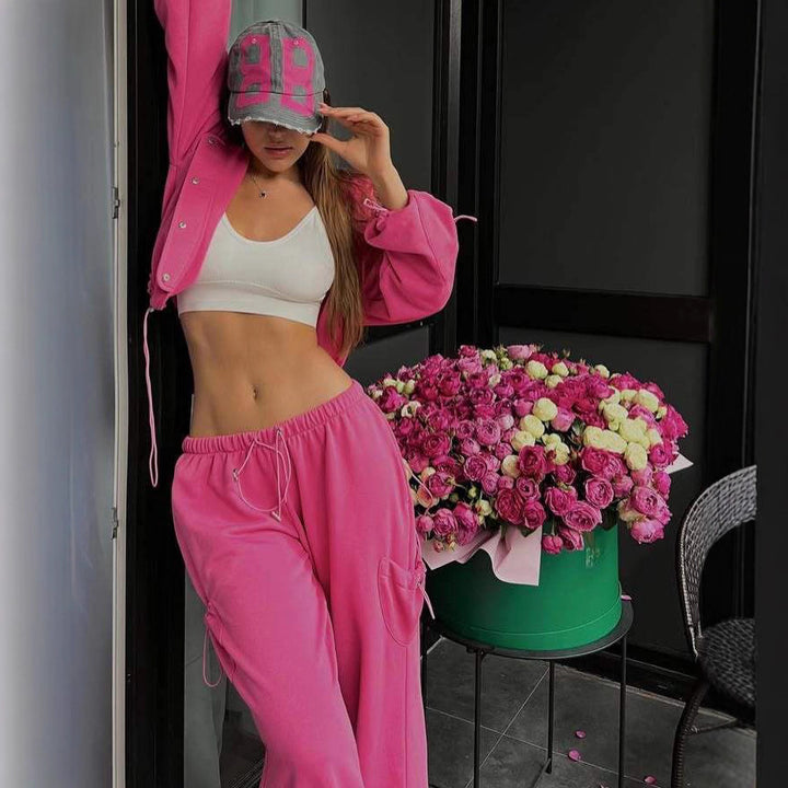 Damen lässiges Zweiteiler-Hoodie-Set mit verlängerter Kapuzenjacke und hochgeschnittener Taillen-Jogginghose Drune