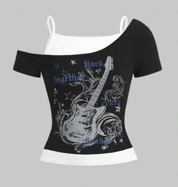 Damen Asymmetrisches Rock-T-Shirt mit grafischem Druck Drune