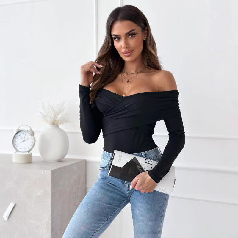 Damen Elegantes Wickeloberteil mit schulterfreiem Design und langen Ärmeln Drune