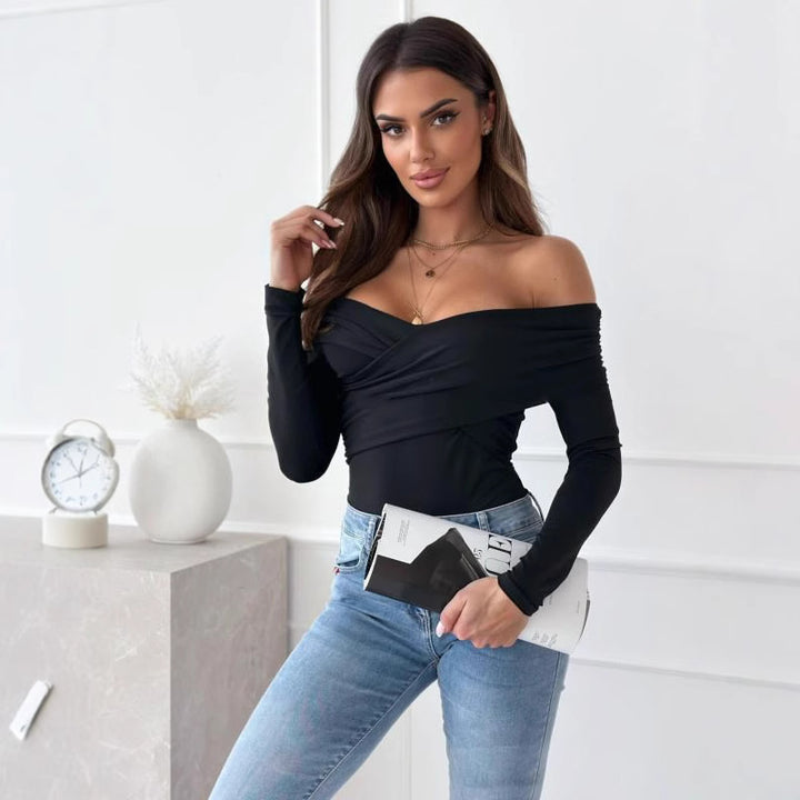 Damen Elegantes Wickeloberteil mit schulterfreiem Design und langen Ärmeln Drune