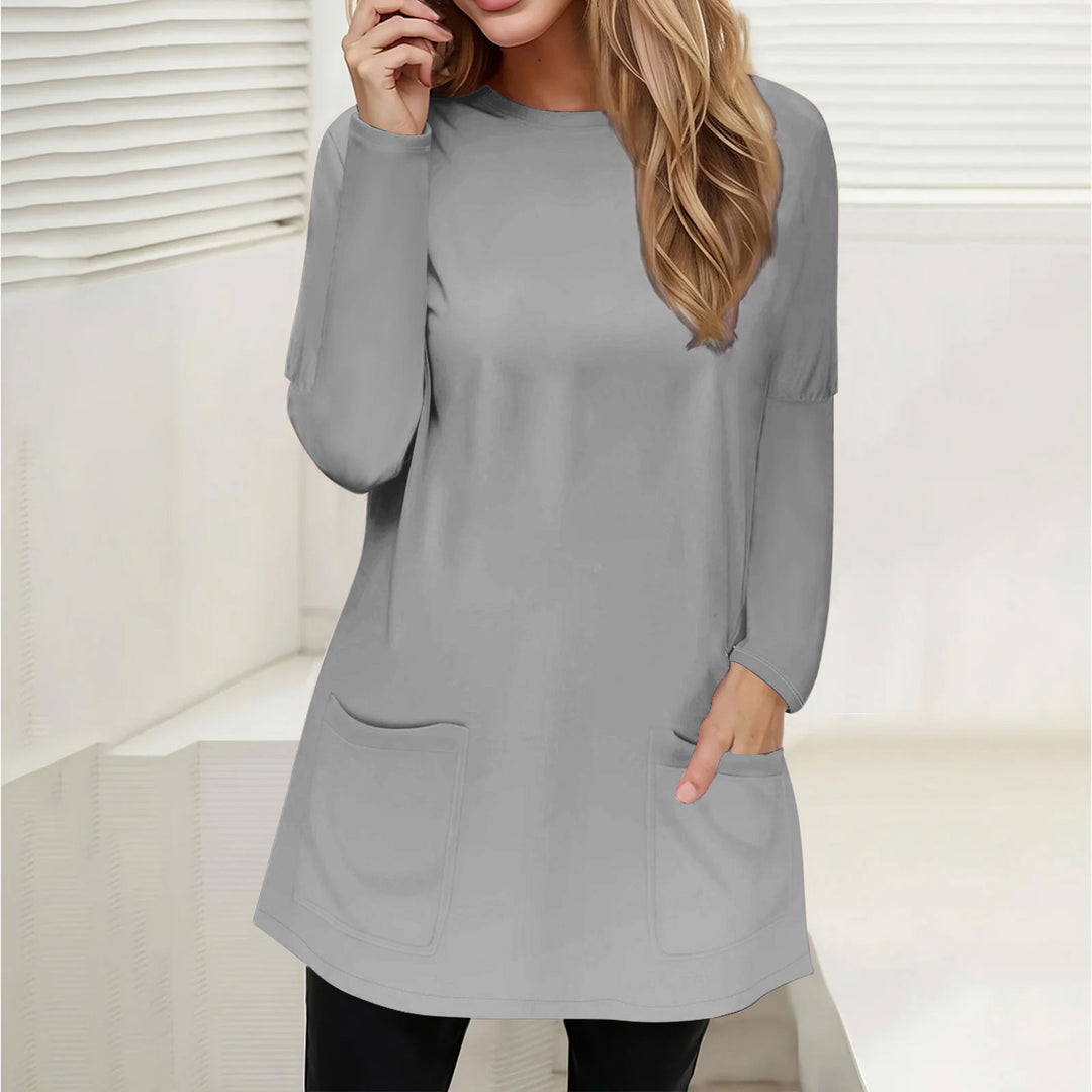 Damen Freizeit Longline Tunika mit Rundhalsausschnitt und aufgesetzten Taschen Drune