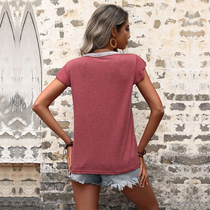 Damen Kurzarmshirt mit kreativem Knopfdesign und Rüschendetails Drune