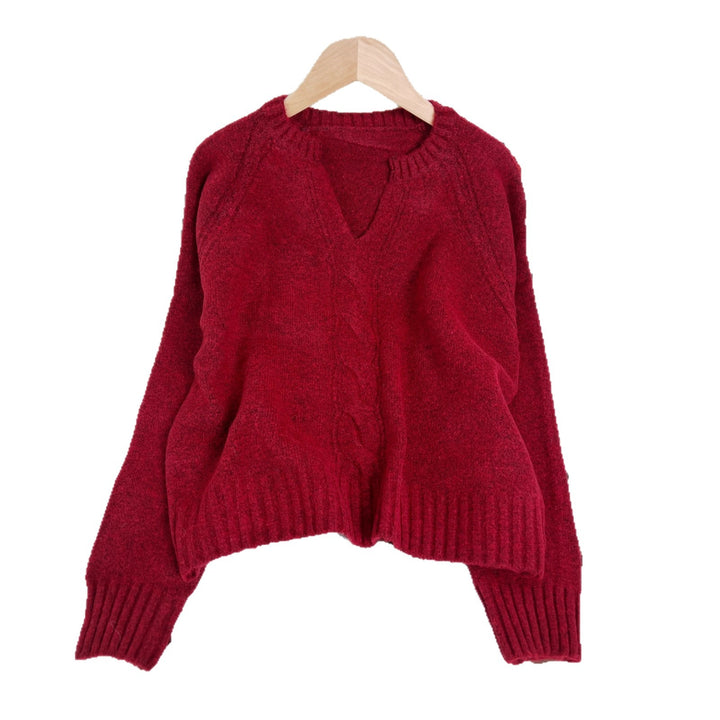 Damen Strickpullover mit tiefem V-Ausschnitt und Zopfmuster Drune