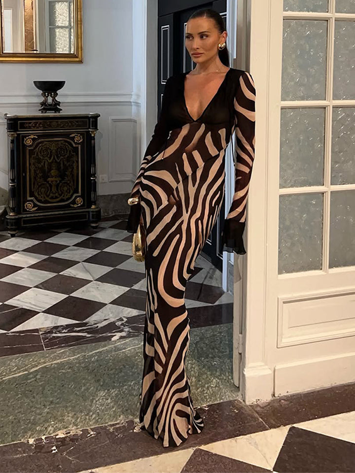Damen figurbetontes Mesh‑Maxikleid mit tiefem V‑Ausschnitt & grafischem Zebra‑Print Drune