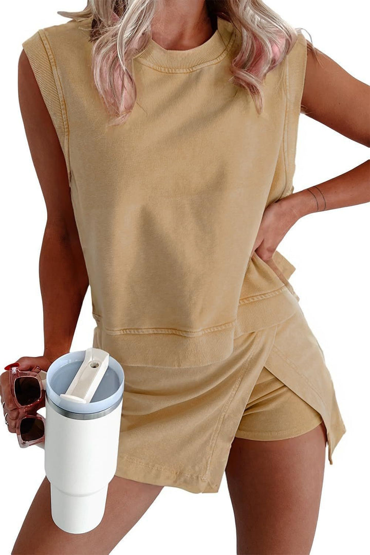Damen nan lässiges Jerseystoff-Zweiteiler-Set mit ärmellosem kastigem Top und Wickel-Shortrock mit eingearbeiteten Shorts Drune
