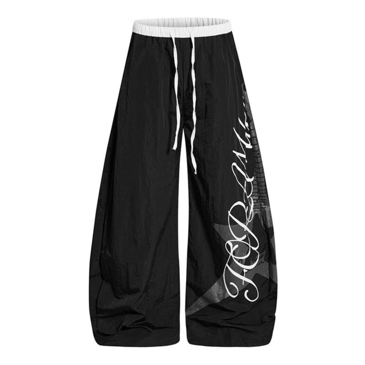 Damen Weite Palazzo-Hose mit Tunnelzugbund und großflächigem Statement-Print Drune