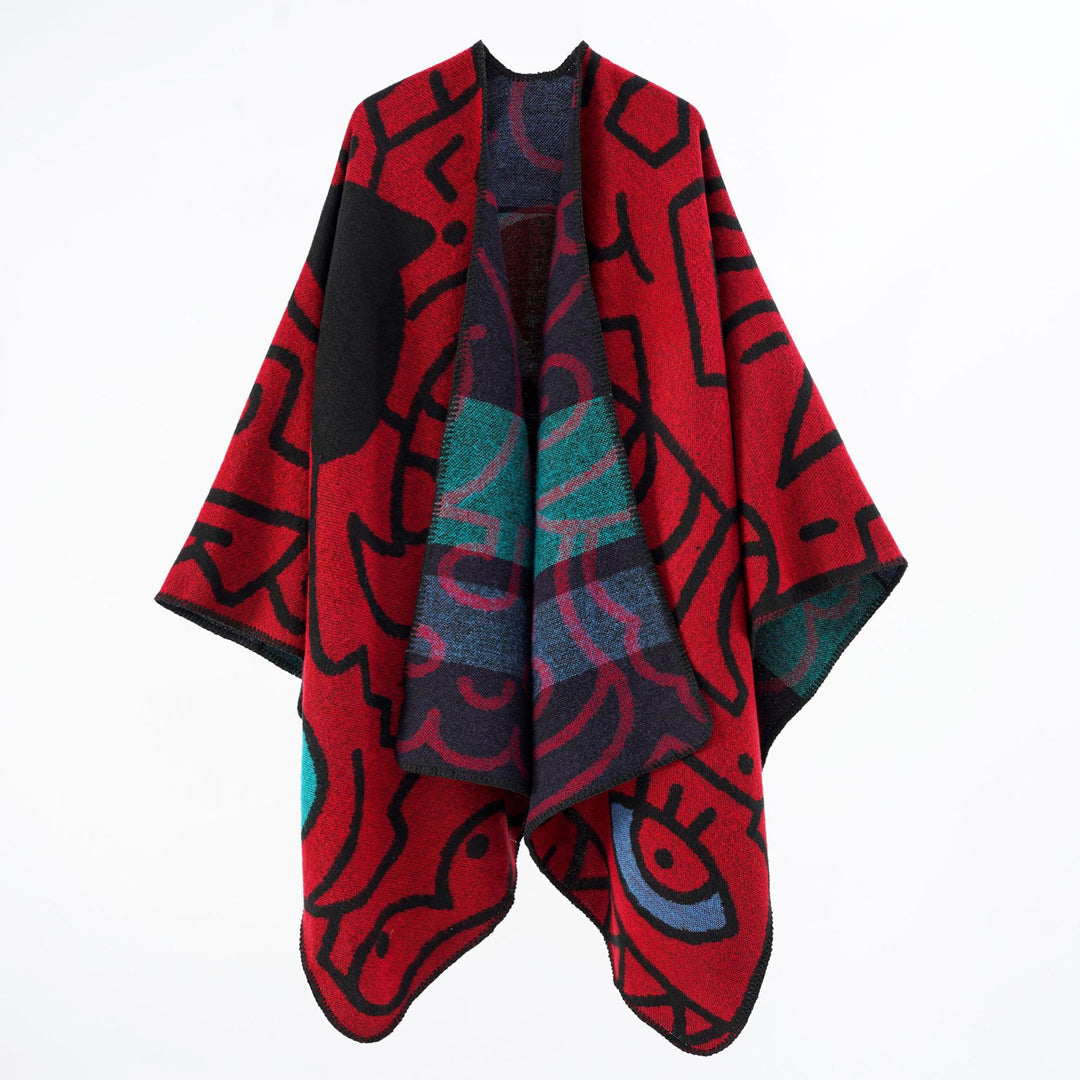 Damen Reversibler Strickponcho im Kuschel‑Umhang mit grafischem Jacquard Drune