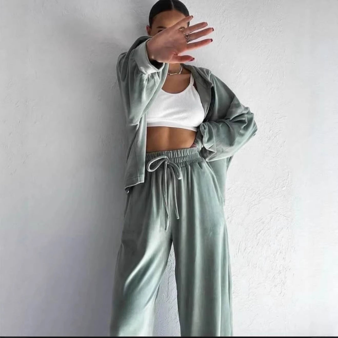 Damen luxuriöses Velours-Lounge-Set mit kurzem Reißverschluss-Hoodie und weitem High-Waist-Hose Drune