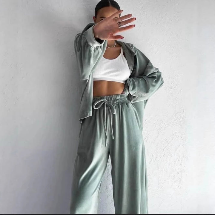Damen luxuriöses Velours-Lounge-Set mit kurzem Reißverschluss-Hoodie und weitem High-Waist-Hose Drune