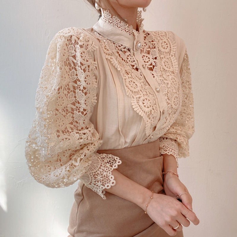 Damen elegante Spitze Bluse mit hohem Kragen Drune