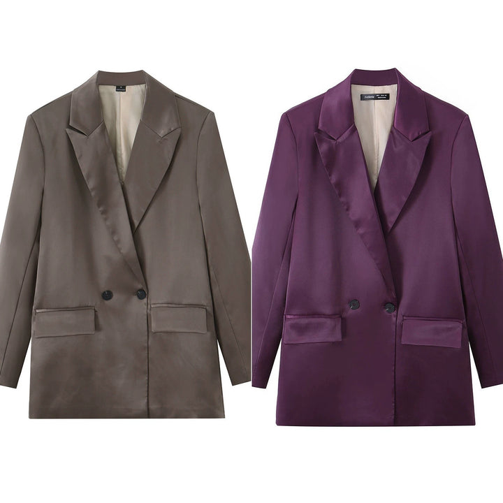 Damen Satin-Longblazer mit doppelreihiger Knopfleiste, Schalkragen und Pattentaschen Drune