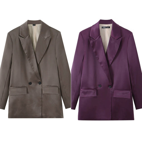 Damen Satin-Longblazer mit doppelreihiger Knopfleiste, Schalkragen und Pattentaschen Drune
