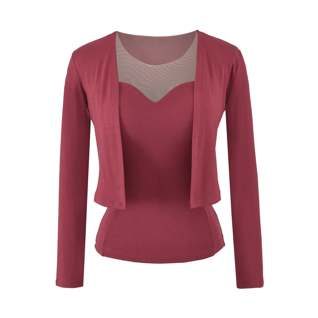 Damen Zweiteiliges Feinstrick-Top-Set mit Mesh-Einsatz und offenem Cardigan Drune