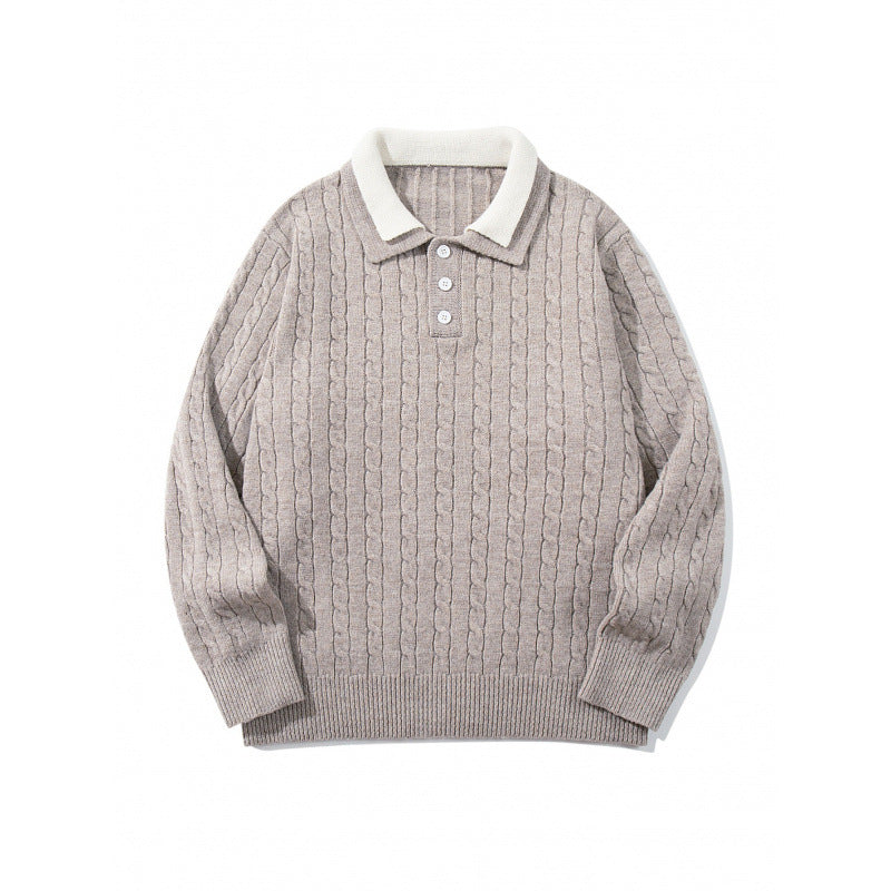 Herren Grobgestrickter Polokragen-Pullover mit Zopfmuster und Knopfleiste Drune