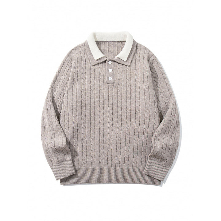 Herren Grobgestrickter Polokragen-Pullover mit Zopfmuster und Knopfleiste Drune