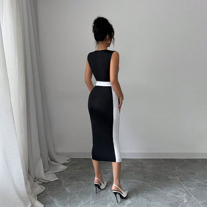Damen figurbetontes Midi-Kleid mit elegantem Farbkontrast und schickem Ausschnitt Drune