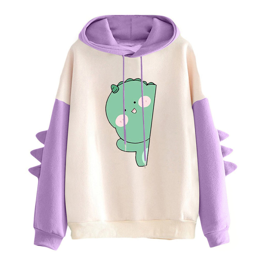 Damen nan weiter Kapuzenpullover mit dreidimensionalen Rückenstacheln und niedlichem Dino-Print Drune