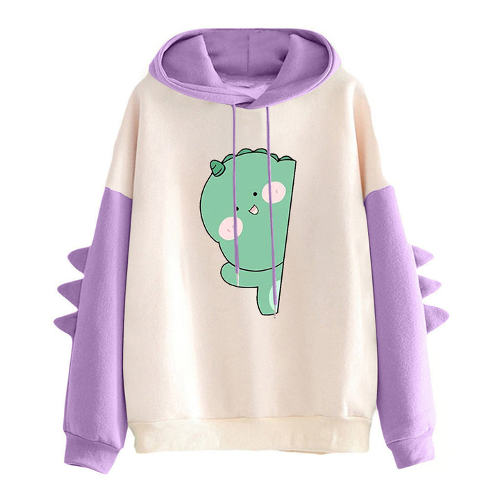 Damen nan weiter Kapuzenpullover mit dreidimensionalen Rückenstacheln und niedlichem Dino-Print Drune