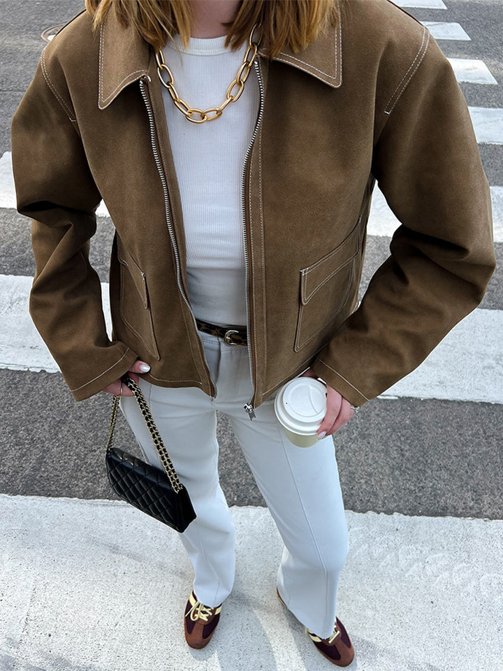 Damen Boxy-Veloursleder-Blouson mit Kontrastnähten und frontalem Reißverschluss Drune