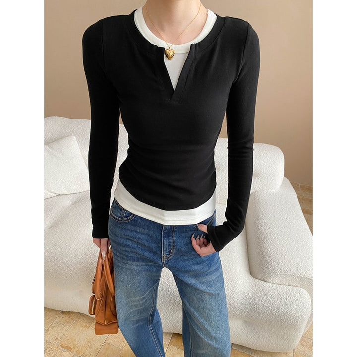 Damen figurbetontes Langarmshirt mit hohem Ausschnitt im Layered Look Drune
