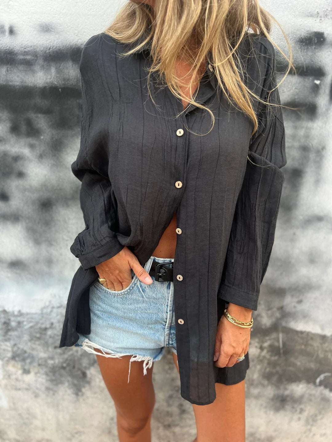 Damen nan lässige Oversize-Tunikahemd mit Leinenstruktur, Holzknopfleiste und verlängertem Saum Drune