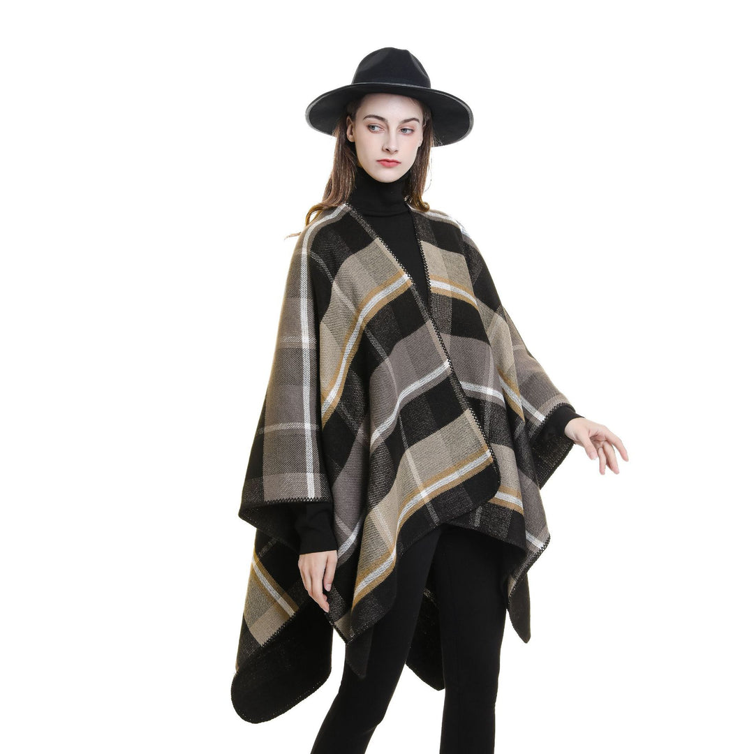 Damen Oversize-Rechteckponcho im Cape-Look mit Kettelsaum und Karomuster Drune