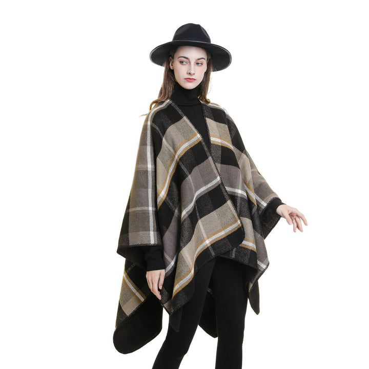 Damen Oversize-Rechteckponcho im Cape-Look mit Kettelsaum und Karomuster Drune