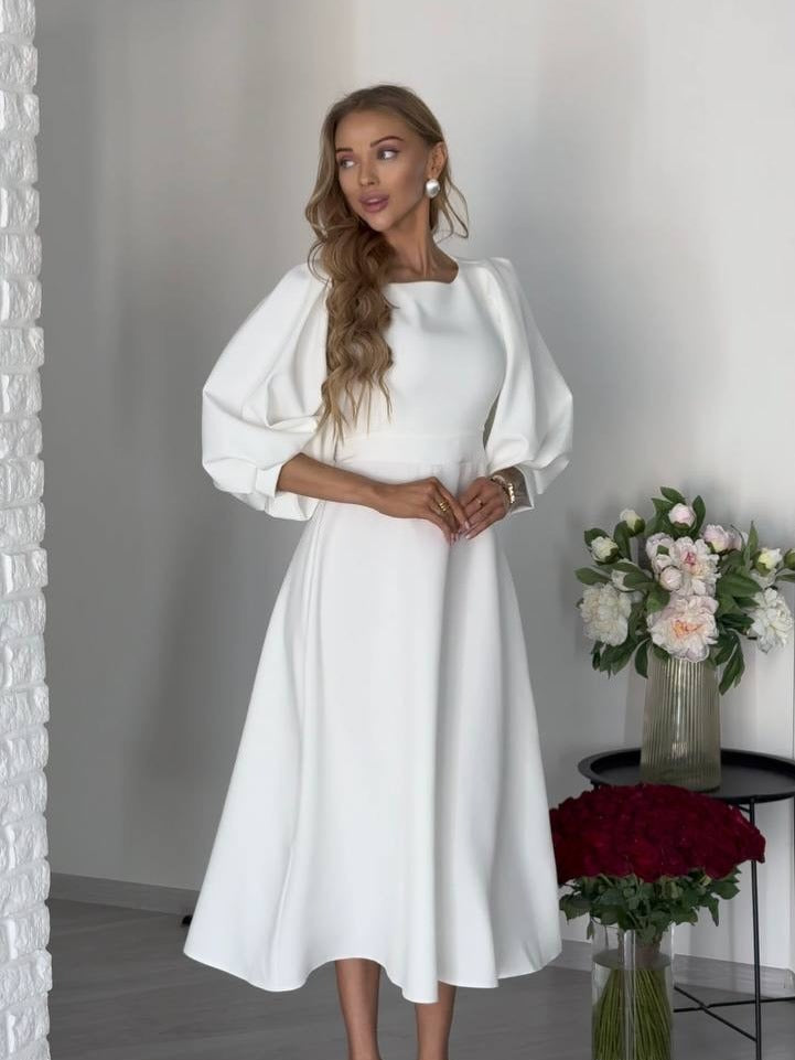 Damen Midikleid mit offenem Rückenausschnitt, voluminösen Puffärmeln und Bindegürtel Drune