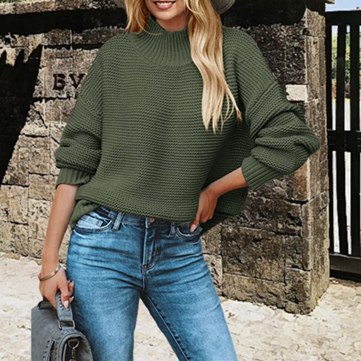 Damen Grobstrick Pullover mit hohem Kragen und überschnittenen Schultern Drune