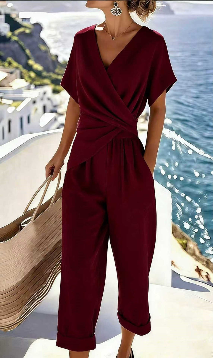 Damen Eleganter Jumpsuit mit Wickeloptik und breiten Beinen Drune