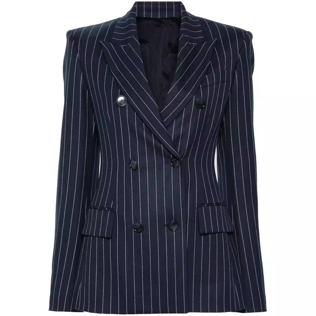 Damen Nadelstreifen Zweireihiger Blazer mit High‑Waist Schlaghose Drune