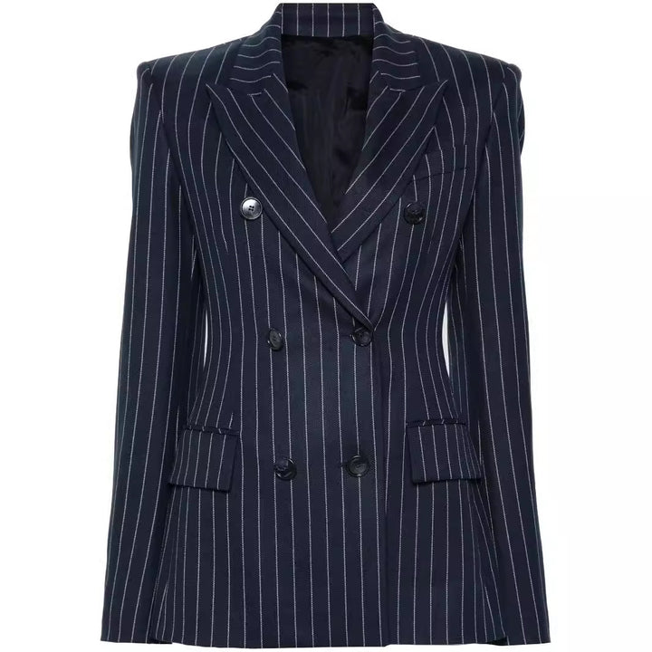 Damen Nadelstreifen Zweireihiger Blazer mit High‑Waist Schlaghose Drune