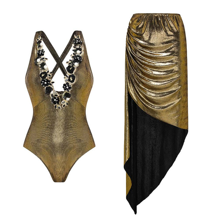 Damen Badeanzug mit off-shoulder Design und elegantem Rock Drune
